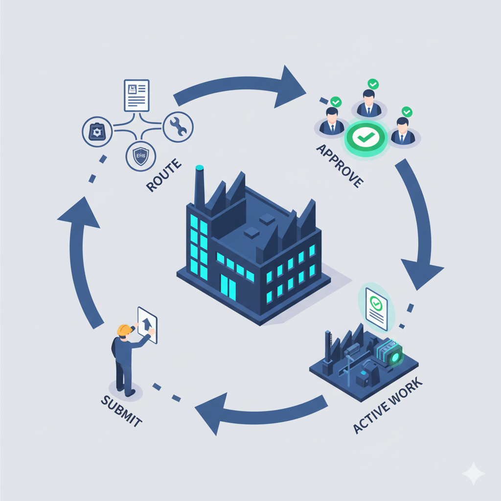 PMS Work Permit Workflow Process showing Submit, Route, Approve, and Active Work stages