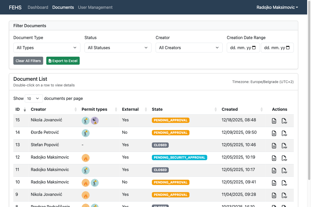 PMS document list showing permits with status badges, filters, and export options