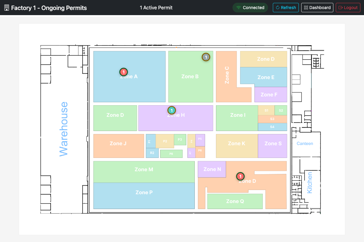 PMS factory floor layout showing active permit markers across multiple zones