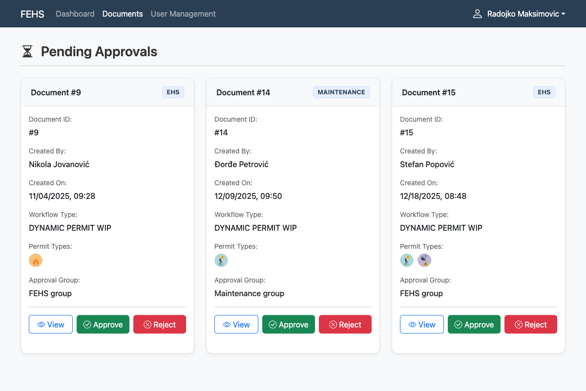 PMS pending approvals dashboard showing permit cards with approve and reject actions